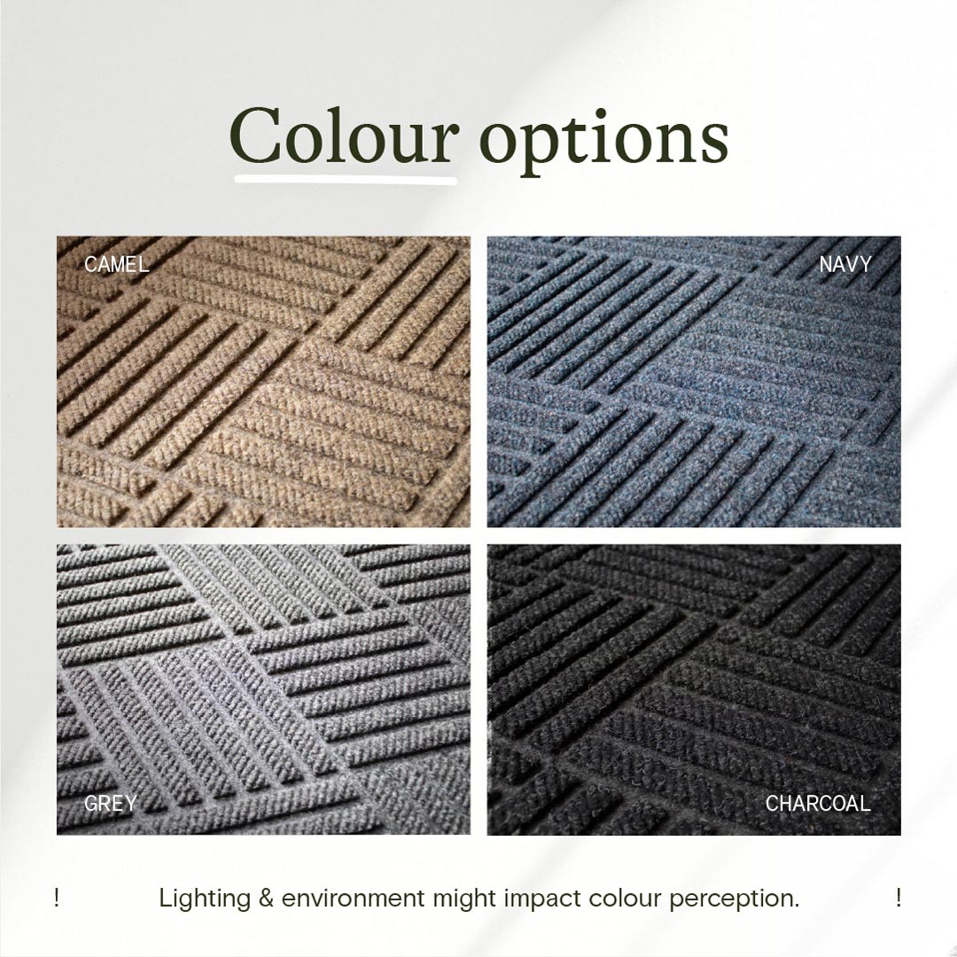 Color swatches of doormats in camel, navy, gray, and charcoal with text indicating color options.
