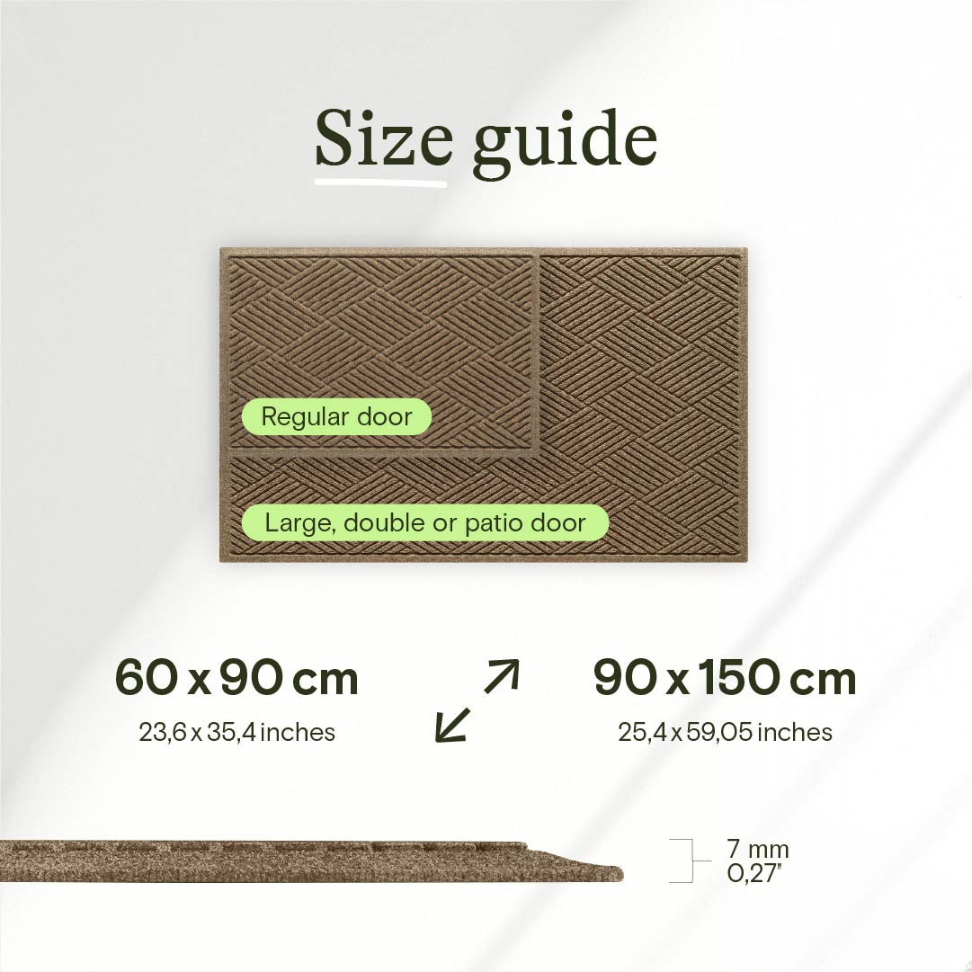 Size guide for a doormat with dimensions and door types indicated.