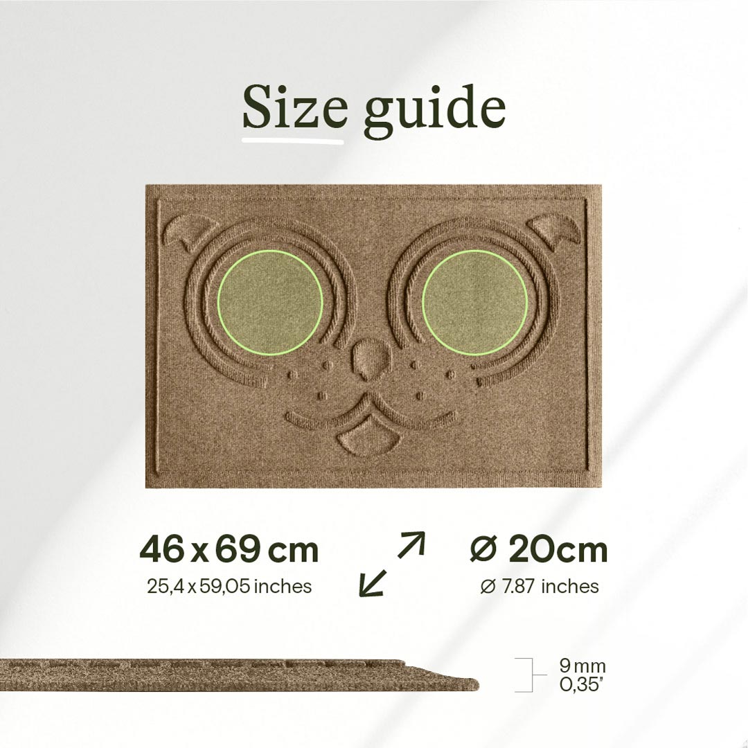 Size guide for a decorative mat with dimensions displayed