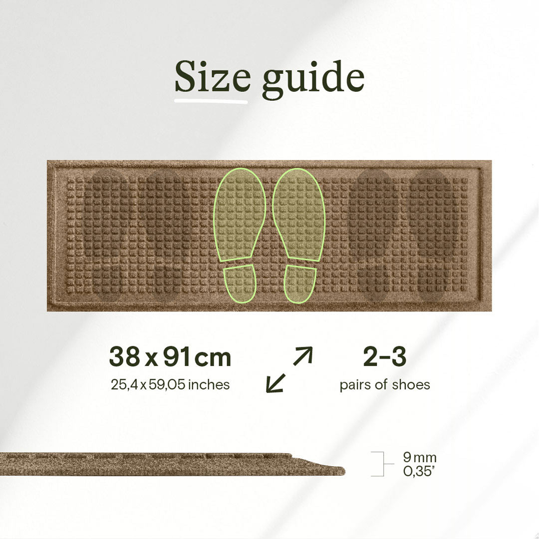Size guide for a doormat with dimensions and shoe coverage information.