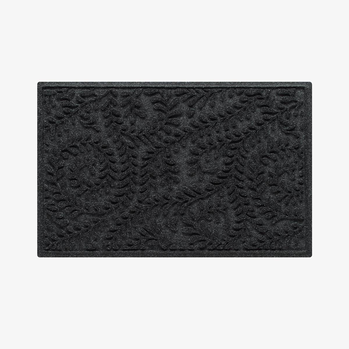 A rectangular, beige indoor/outdoor doormat with a boxwood pattern.