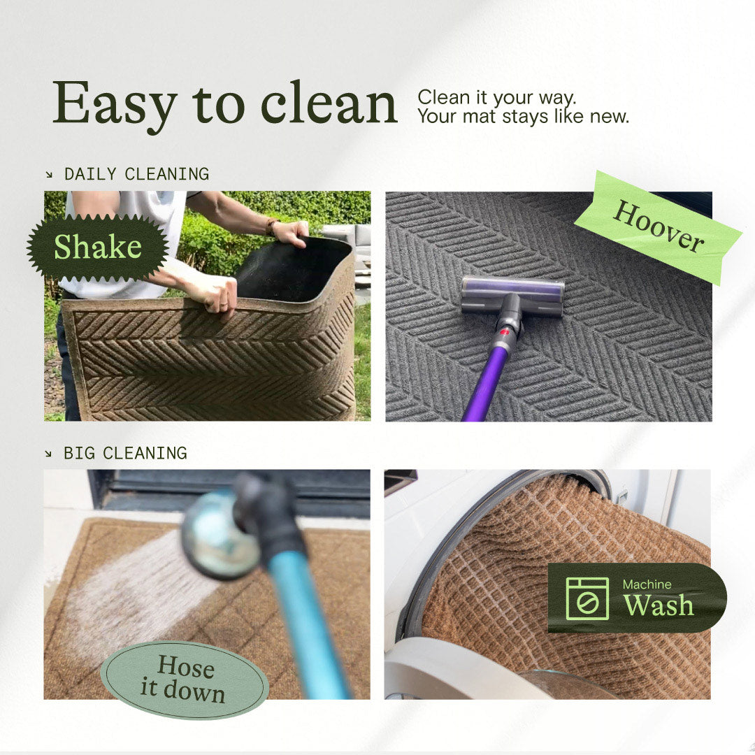 Product advertisement showing how to clean a mat with text and images of cleaning processes.