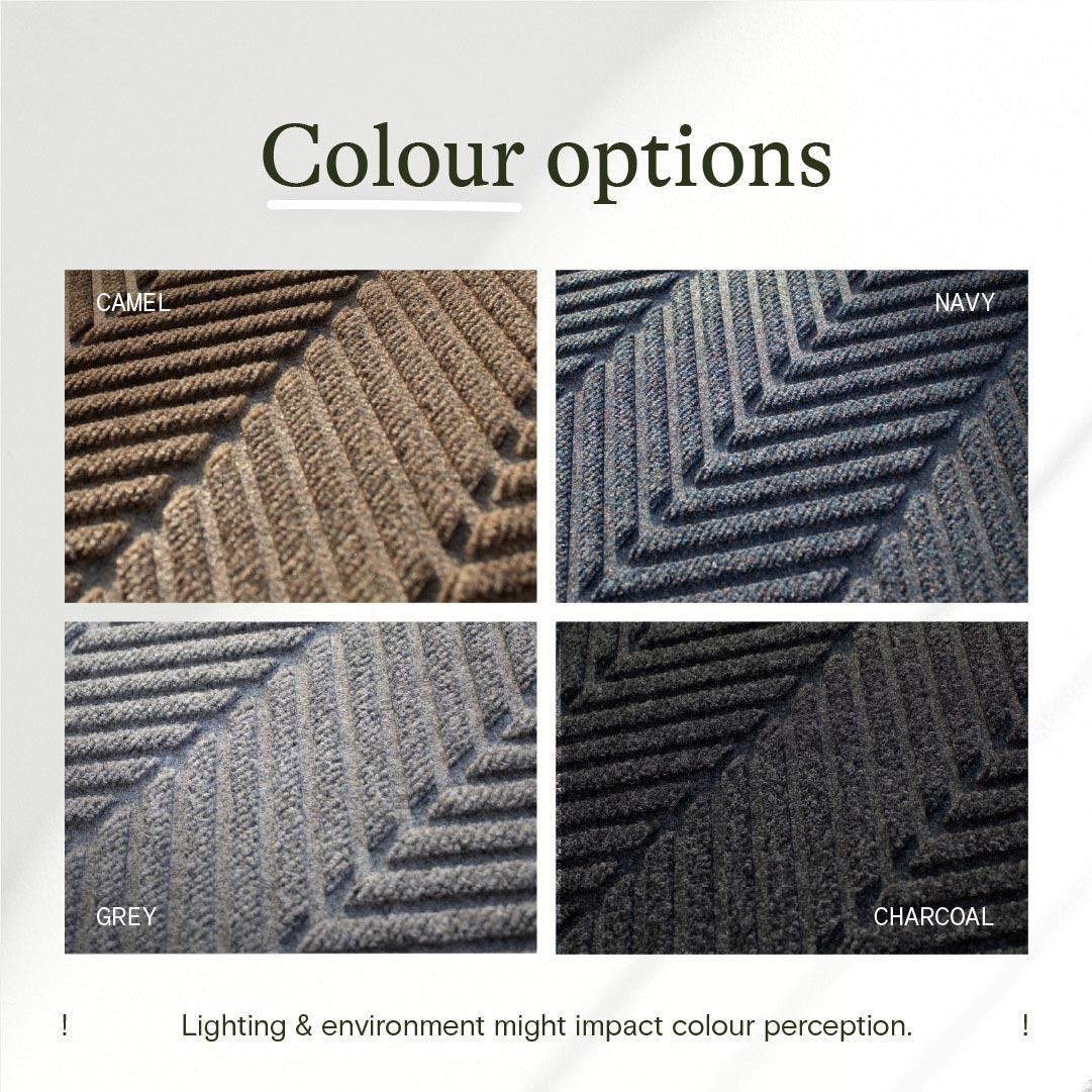 Color swatches of textured materials in camel, navy, gray, and charcoal with text indicating color options.