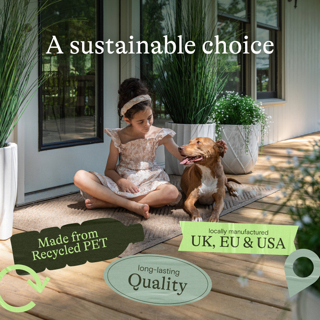 Child sitting on a wooden deck with a dog, surrounded by plants, with text about sustainability and quality.