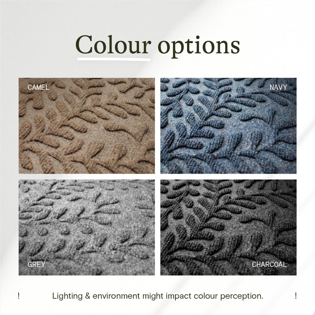 Color swatches of a textured material in camel, navy, gray, and charcoal.