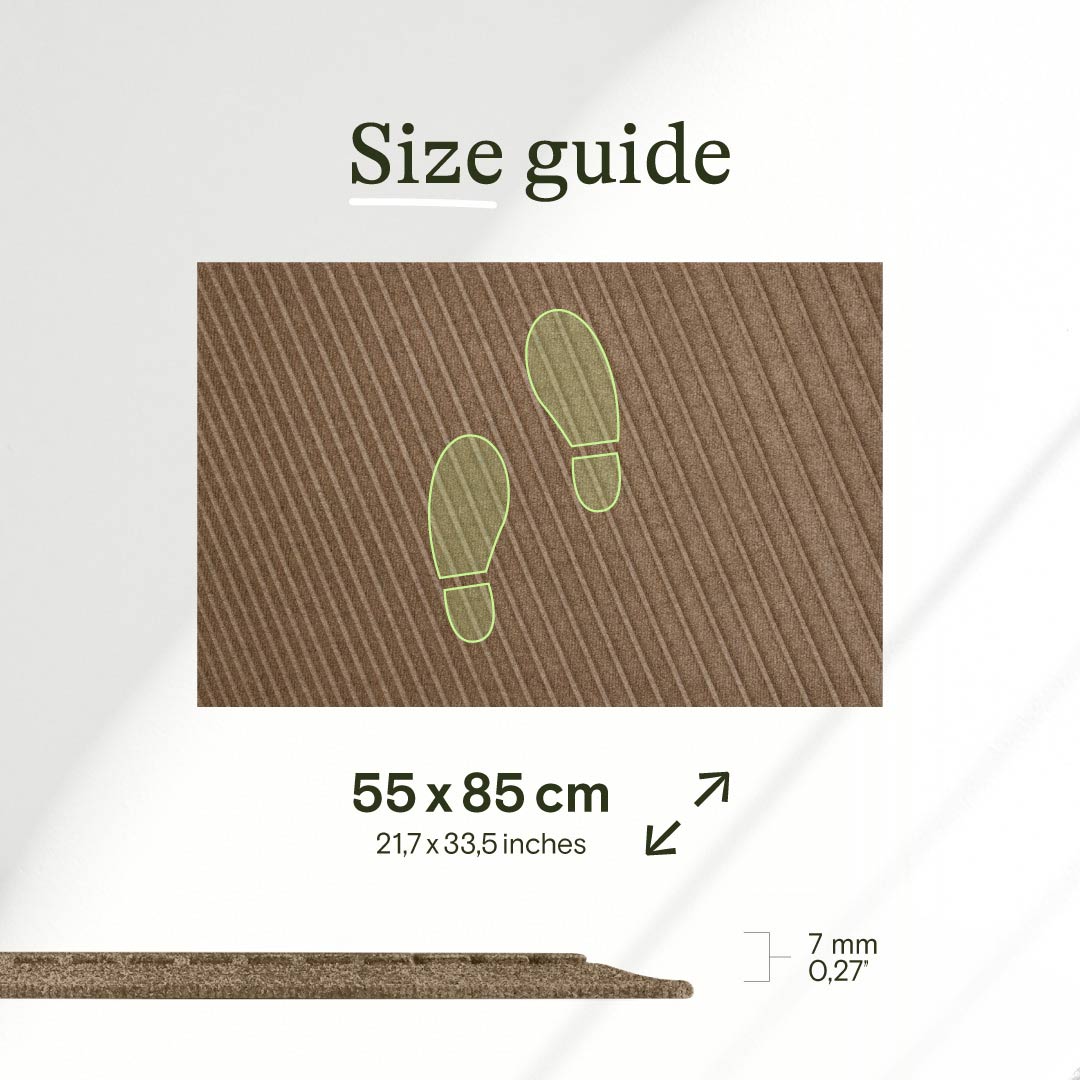 sizeguide image of a waterhog doormat that is available in two sizes. is-lso shows a sidecut to show the thickness