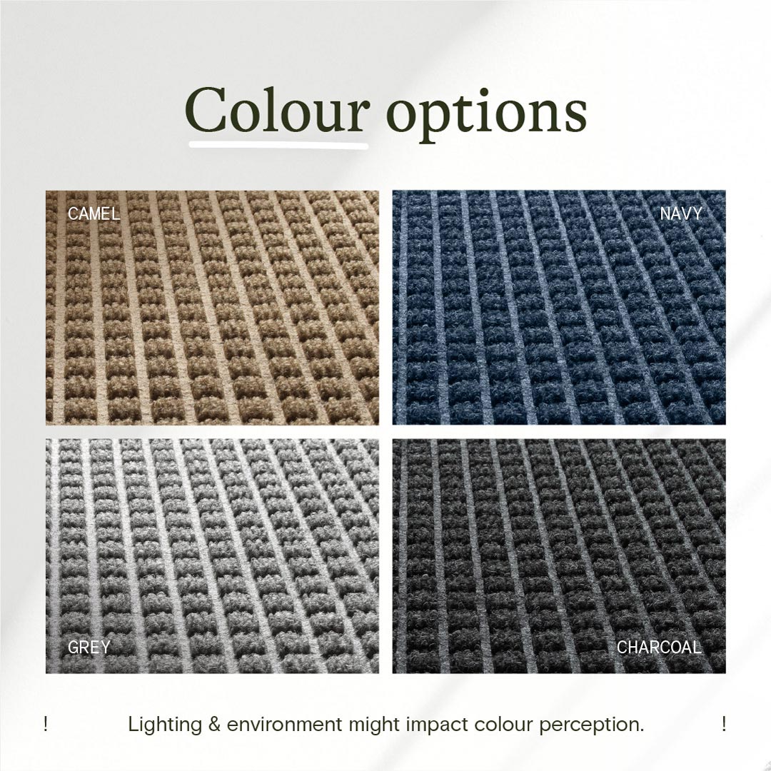 Color swatches of camel, navy, gray, and charcoal with text indicating color options.