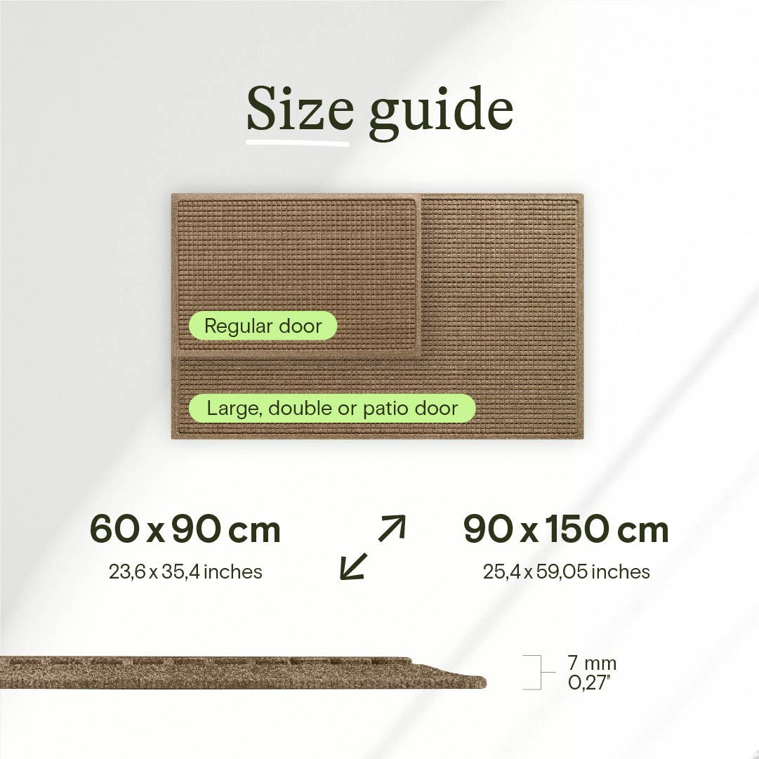 Size guide for a doormat with dimensions 60x90 cm and 90x150 cm on a white background.