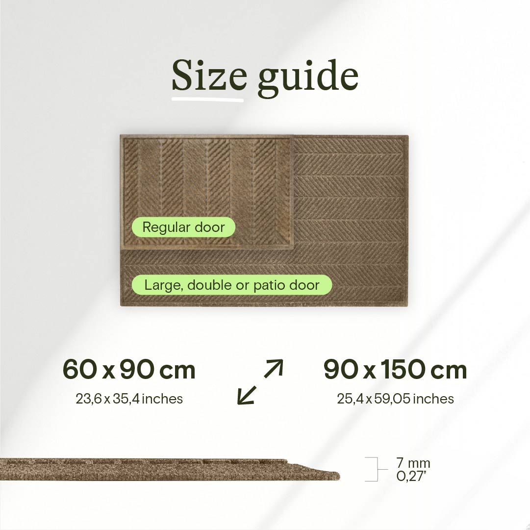 Size guide for doormats with dimensions labeled